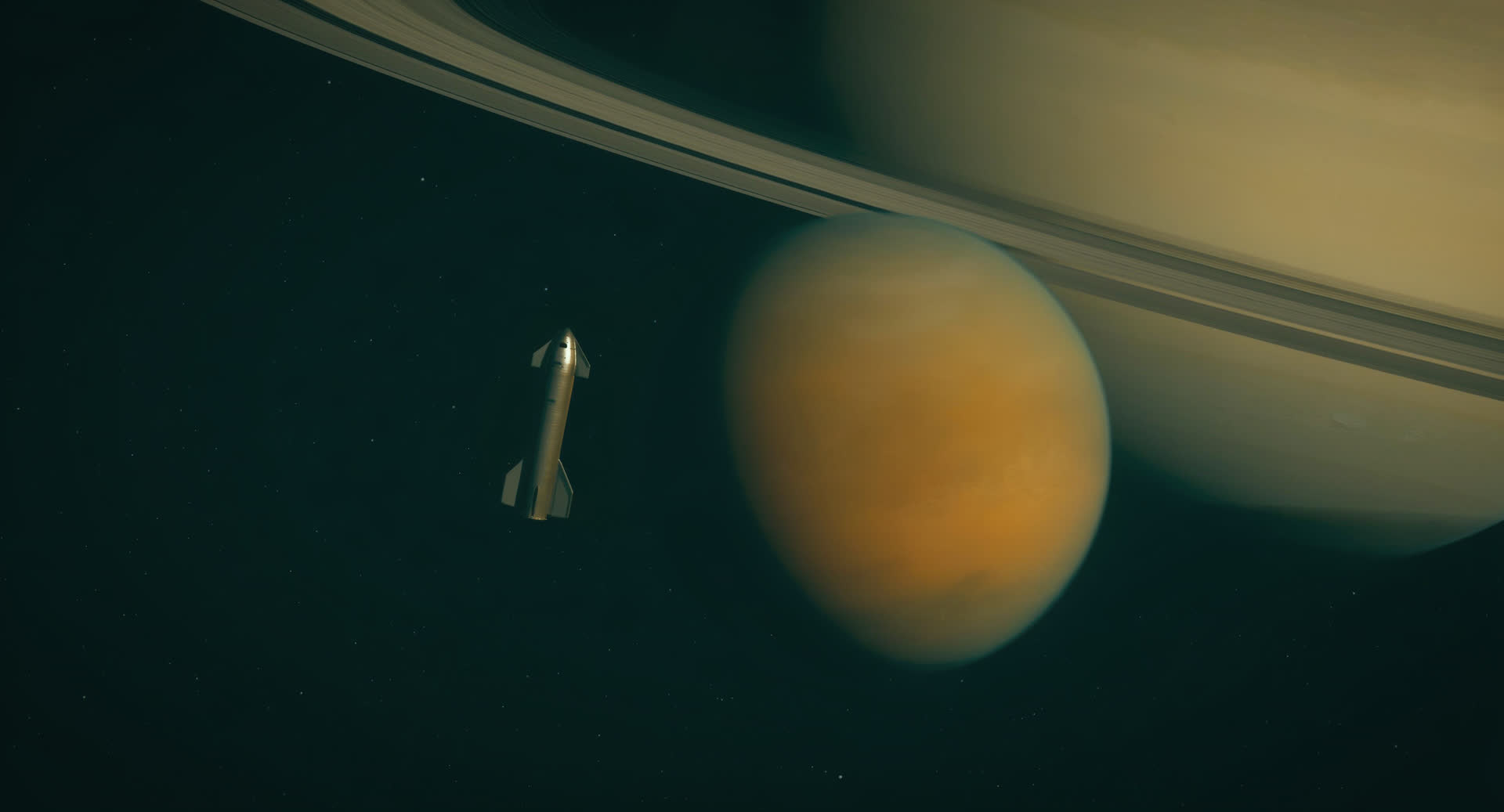 The Starship coasts toward Titan, in the shadow of Saturn.